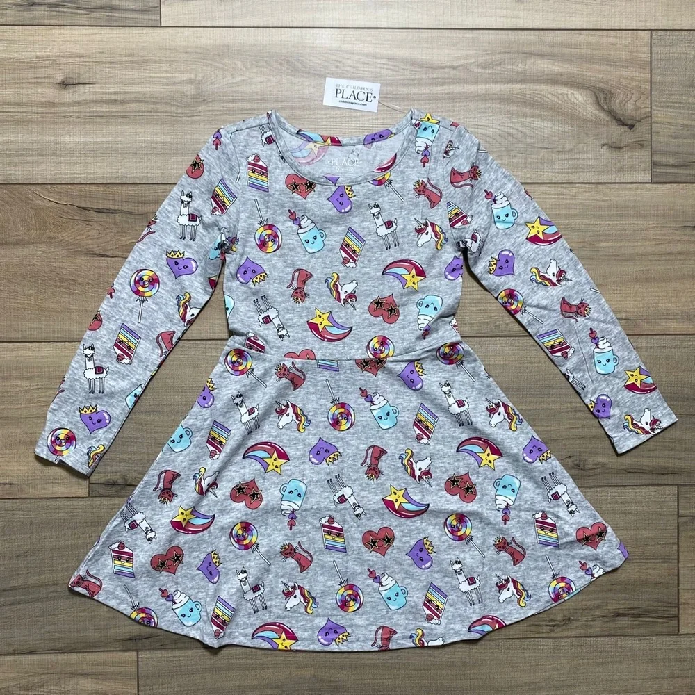 Girl's The Children's Place Long Sleeve Unicorn Skater Everyday Dress Small‎ 5/6